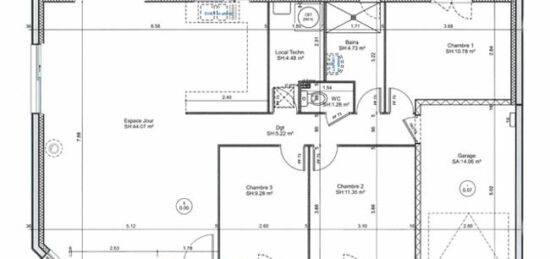 Plan de maison Surface terrain 91 m2 - 4 pièces - 3  chambres -  avec garage 