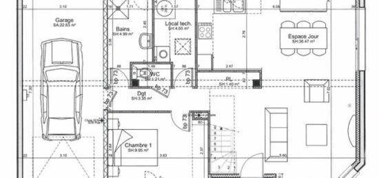 Plan de maison Surface terrain 101 m2 - 4 pièces - 3  chambres -  avec garage 