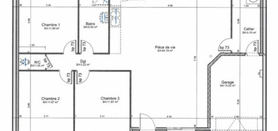 Plan de maison Surface terrain 96 m2 - 4 pièces - 3  chambres -  avec garage 