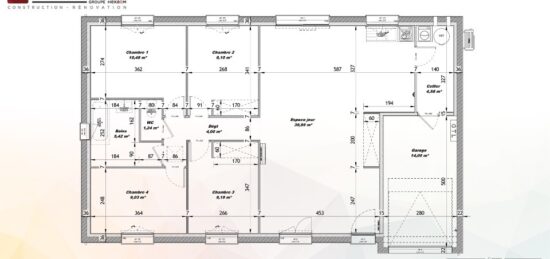 Plan de maison Surface terrain 92 m2 - 5 pièces - 4  chambres -  avec garage 