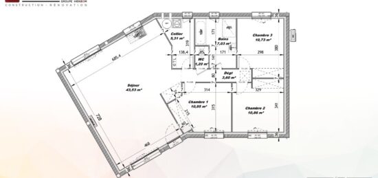 Plan de maison Surface terrain 93 m2 - 4 pièces - 3  chambres -  sans garage 