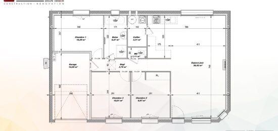 Plan de maison Surface terrain 82 m2 - 4 pièces - 3  chambres -  avec garage 