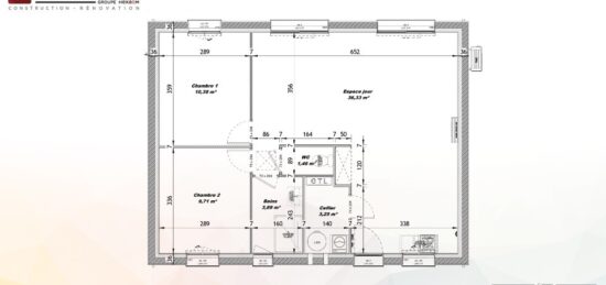 Plan de maison Surface terrain 65 m2 - 3 pièces - 2  chambres -  sans garage 