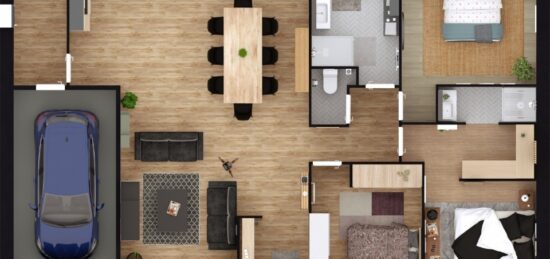 Plan de maison Surface terrain 99 m2 - 3 pièces - 3  chambres -  avec garage 