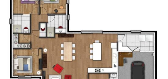 Plan de maison Surface terrain 129 m2 - 4 pièces - 3  chambres -  avec garage 