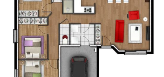 Plan de maison Surface terrain 97 m2 - 4 pièces - 3  chambres -  avec garage 