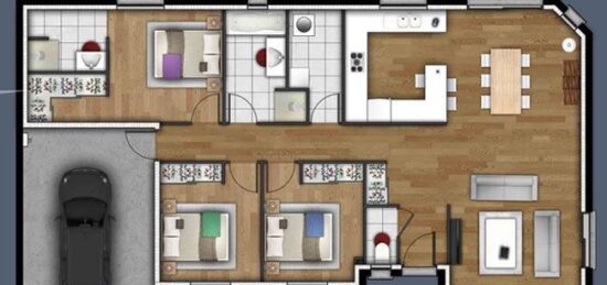 Plan de maison Surface terrain 106 m2 - 4 pièces - 3  chambres -  avec garage 