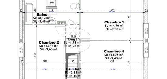 Plan de maison Surface terrain 100 m2 - 5 pièces - 4  chambres -  avec garage 